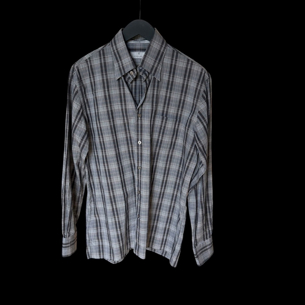Canali Grey Plaid Long Sleeve Button Down Shirt Made in Italy Size M